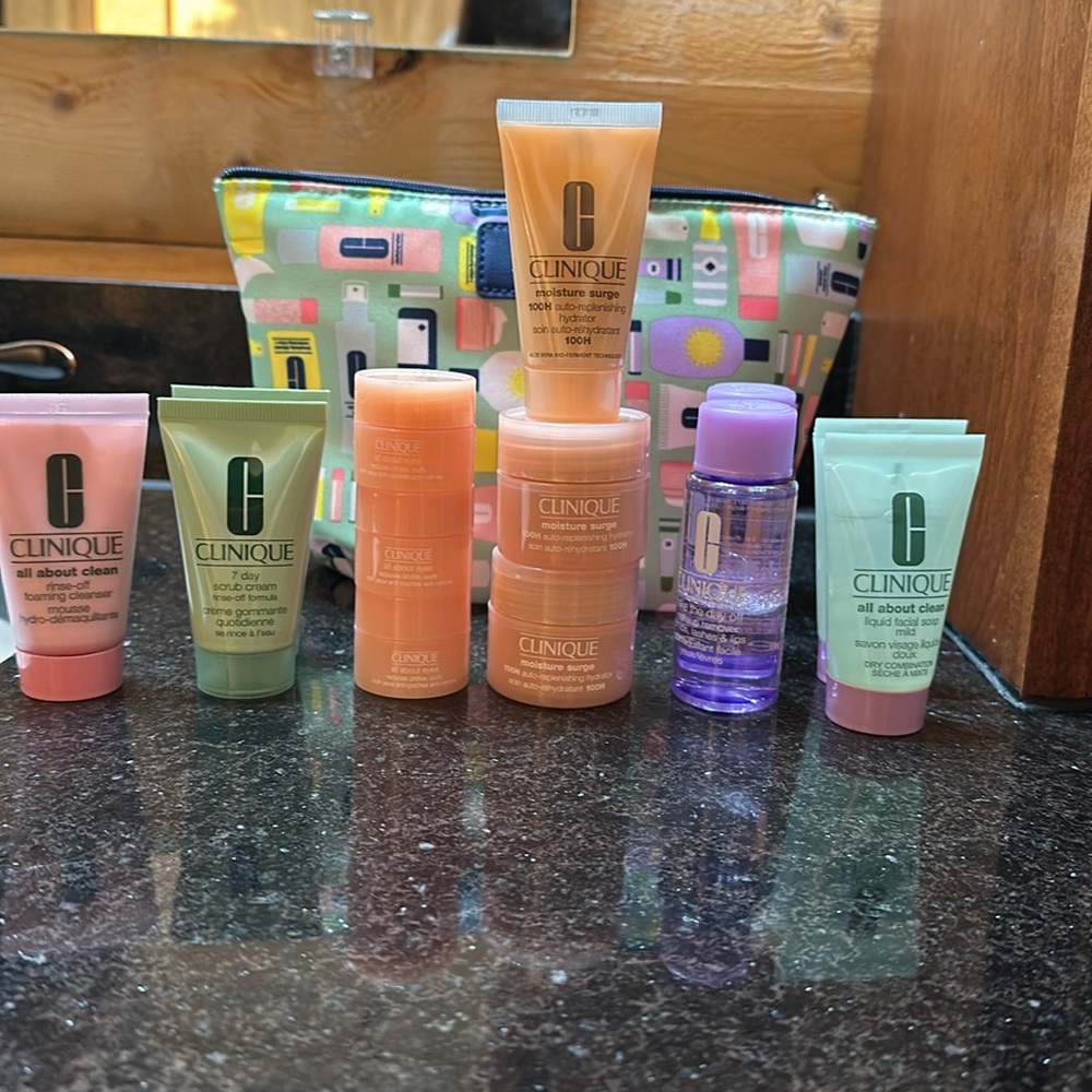 Clinique facial care products and cosmetic bag